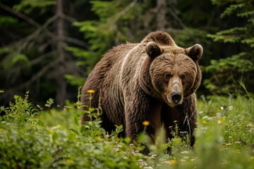 majestic grizzly bear wandering through dense forest wildlife photography