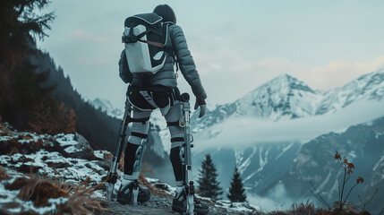 Hiker with exoskeleton looking at mountain vista