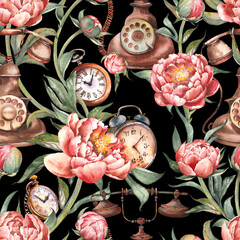 Seamless pattern with peonies and vintage objects. Hand painted watercolor illustration on black background.