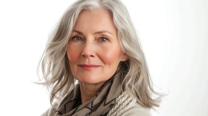 Naklejka premium A beautiful middle-aged woman in her 50s, beautiful for her age and in good health. smile happily