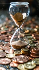 Colored coins hourglass. Time is money. Concept of fintech technology, new banking, and savings.