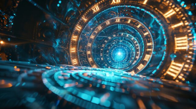 A glowing blue and orange steampunk time vortex tunnel.