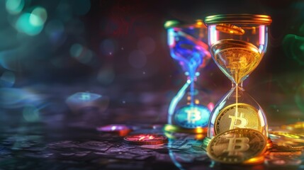 Colored coins hourglass. Time is money. Concept of fintech technology, new banking, and savings.