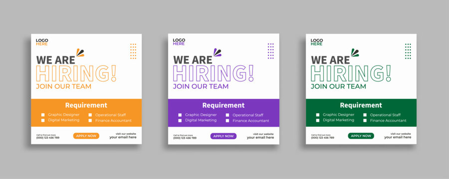 We are hiring job vacancy social media post or square web banner template vector design