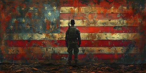 Photo manipulation of a soldier's silhouette blending into an American flag, Memorial Day homage. - obrazy, fototapety, plakaty