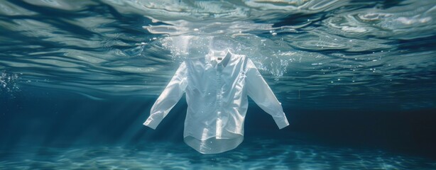 Naklejka premium A white shirt floating underwater, banner design with text space