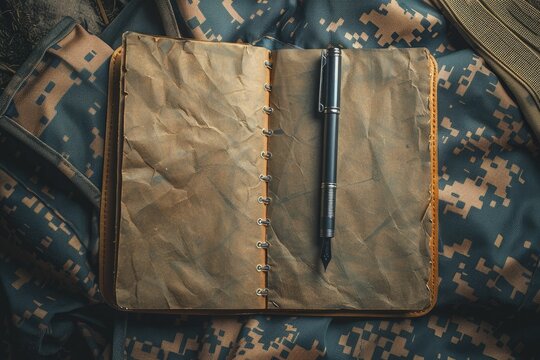 Poetic image of a soldier's journal open to a blank page, pen poised, capturing the unspoken, Memorial Day theme.