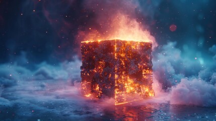 Fototapeta premium A glowing cube made of lava floats above a bed of ice.