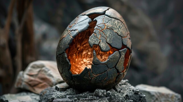 A glowing dragon egg sits atop a bed of rocks.
