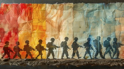 Conceptual artwork of shadows of children playing soldiers, juxtaposed with real military artifacts, Memorial Day reflection.