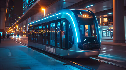 The image features a futuristic tram at night with a sleek design and illuminated accents - Powered by Adobe