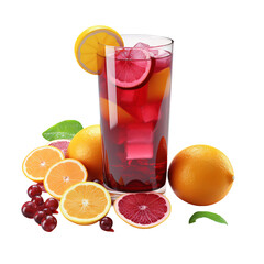 a glass of red liquid with oranges and lemons