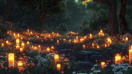 Amidst the forest's hush, candle flames whisper tales of the departed on Memorial Day, as shadows weave their poignant narratives.