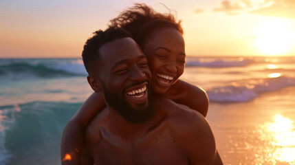 Portrait of an African American couple having fun on the beach near the ocean at sunset. Black couple laughs and hugs on vacation, on their honeymoon. Time together concept. Active lifestyle.