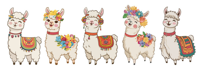 Obraz premium Cute cartoon llama alpaca vector illustrations set. Funny animal characters with floral elements for nursery design, poster, greeting, birthday card, baby shower design and party decoration.