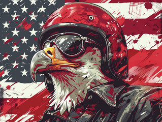 Eagle Biker with Helmet on Patriotic American Flag Backdrop