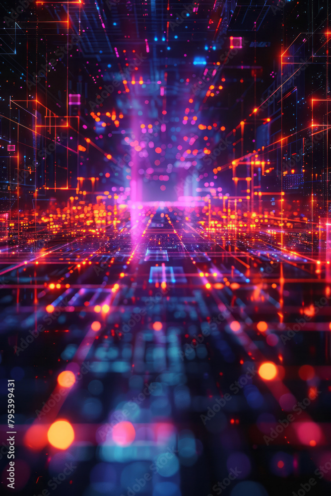Poster a pulsating neon grid on a dark backdrop, evoking an 80s retro-futuristic feel,