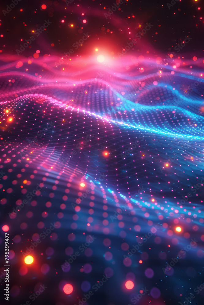 Poster a pulsating neon grid on a dark backdrop, evoking an 80s retro-futuristic feel,