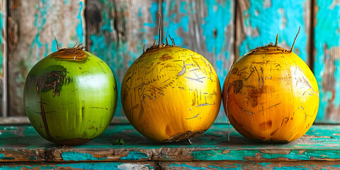 Ripening coconut trio on rustic background