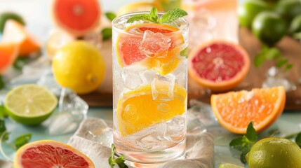 Refreshing Glass of Water With Lemons and Grapefruits