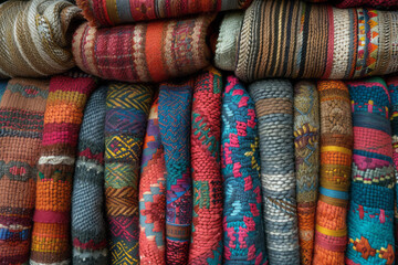 A quilt of South American weavings, its rich textures a feast for the senses,