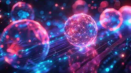 A glowing pink and blue orb made of circuit board and glowing dots sits on a surface with other similar orbs in the background.