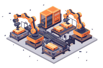 Factory image & Factory robot arm, which shows automation equipment.
Metal Factory, automated machine, workers adjusting the machinery, work on progress factory.