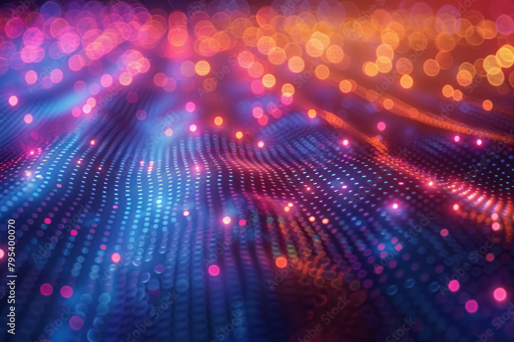 Poster a seamless pattern of quantum dots, their interactions creating a vibrant, glowing effect,