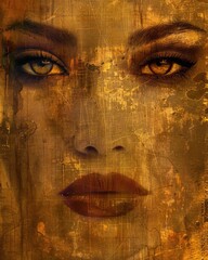 Gold Art. Feminine Portrait with Beautiful Intense Eyes and Textures