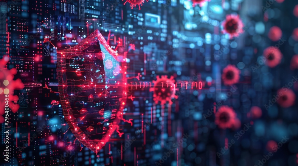 Poster a glowing red and blue shield with a circuit board pattern in the background.