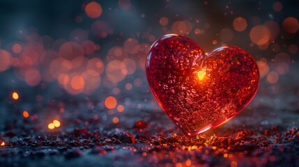 A glowing red heart sits on a bed of embers against a dark blue background.