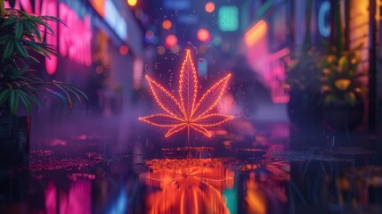 A glowing red marijuana leaf in the rain at night
