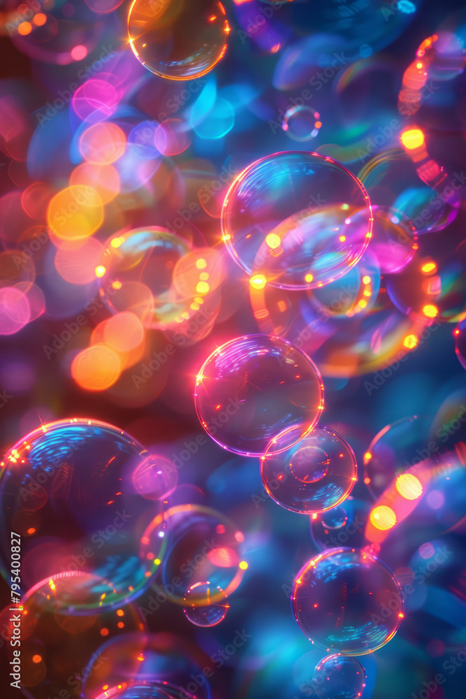 Poster a series of neon circles overlapping, creating a depth effect with soft light halos,