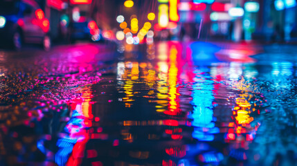Multi-colored neon lights in a puddle on a dark city street, reflection of neon color. Night city....