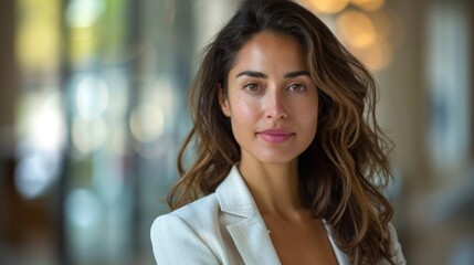 A woman with long brown hair and a white jacket is smiling for the camera