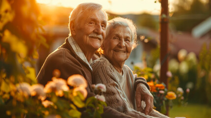 Obraz premium Portrait of an elderly couple relaxing in a green garden. Adult man and woman spending time together outdoors. Concept of old age, rest.