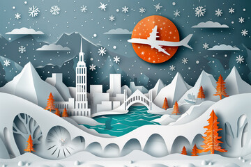 Paper cut travel scene with cityscape, mountains, and airplane under an orange sunset