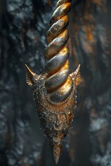 A golden and silver 3D rendering of a unicorn horn with intricate engravings.