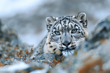 Fototapeta premium A snow leopard blending seamlessly into the rocky terrain of the Himalayas, its eyes scanning the horizon,
