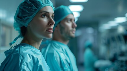 Two doctors in blue scrubs are standing in a hospital hallway