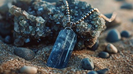 A blue crystal pendant is on a rock
