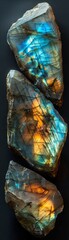 Three pieces of blue and orange colored rock