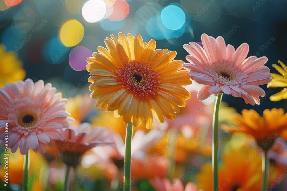 Aufkleber a spring garden bokeh, flowers in the foreground with a wash of colors diffused in the background,