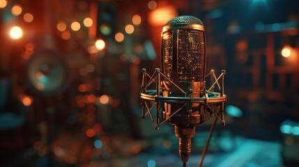 A golden microphone in a recording studio with a blurred background of orange and blue lights.