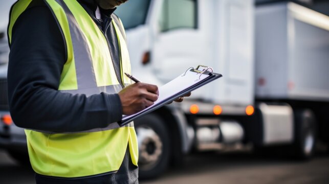 A male employee is checking the completeness of a cargo list written on a clipboard on a cargo truck parking lot.
