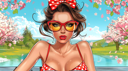 A woman in a red bikini with a bow on her head and sunglasses