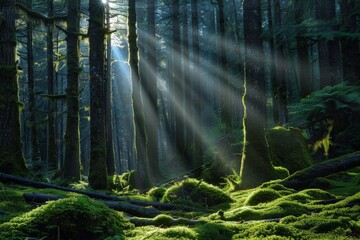 Low-angle shot of a tall tree growing in a forest on a sunny day. Beautiful simple AI generated image in 4K, unique.