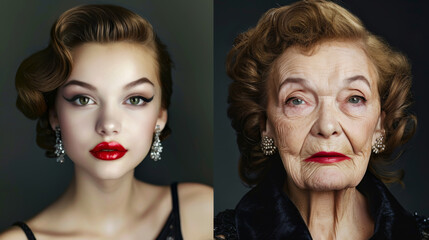 Portrait comparing a young female face with an old one on a dark background, the aging process. Beauty concept, comparison.
