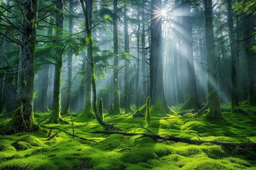 Low-angle shot of a tall tree growing in a forest on a sunny day. Beautiful simple AI generated image in 4K, unique.