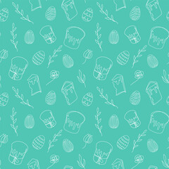 Seamless pattern of Easter eggs, Easter Kulich cakes and floral elements. Continuous one line drawing. Green backdrop. Festive design. Easter decoration, wrapping paper, greeting, textile, print